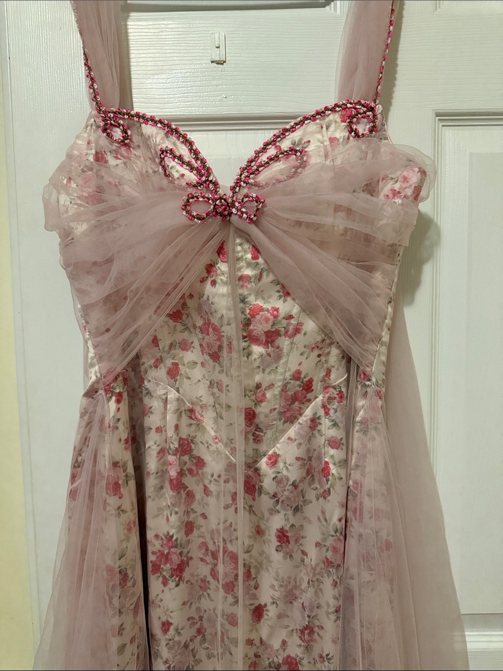 Blush Pink Floral Tulle Maxi Dress with Sheer Overlay - Picture 2 of 6